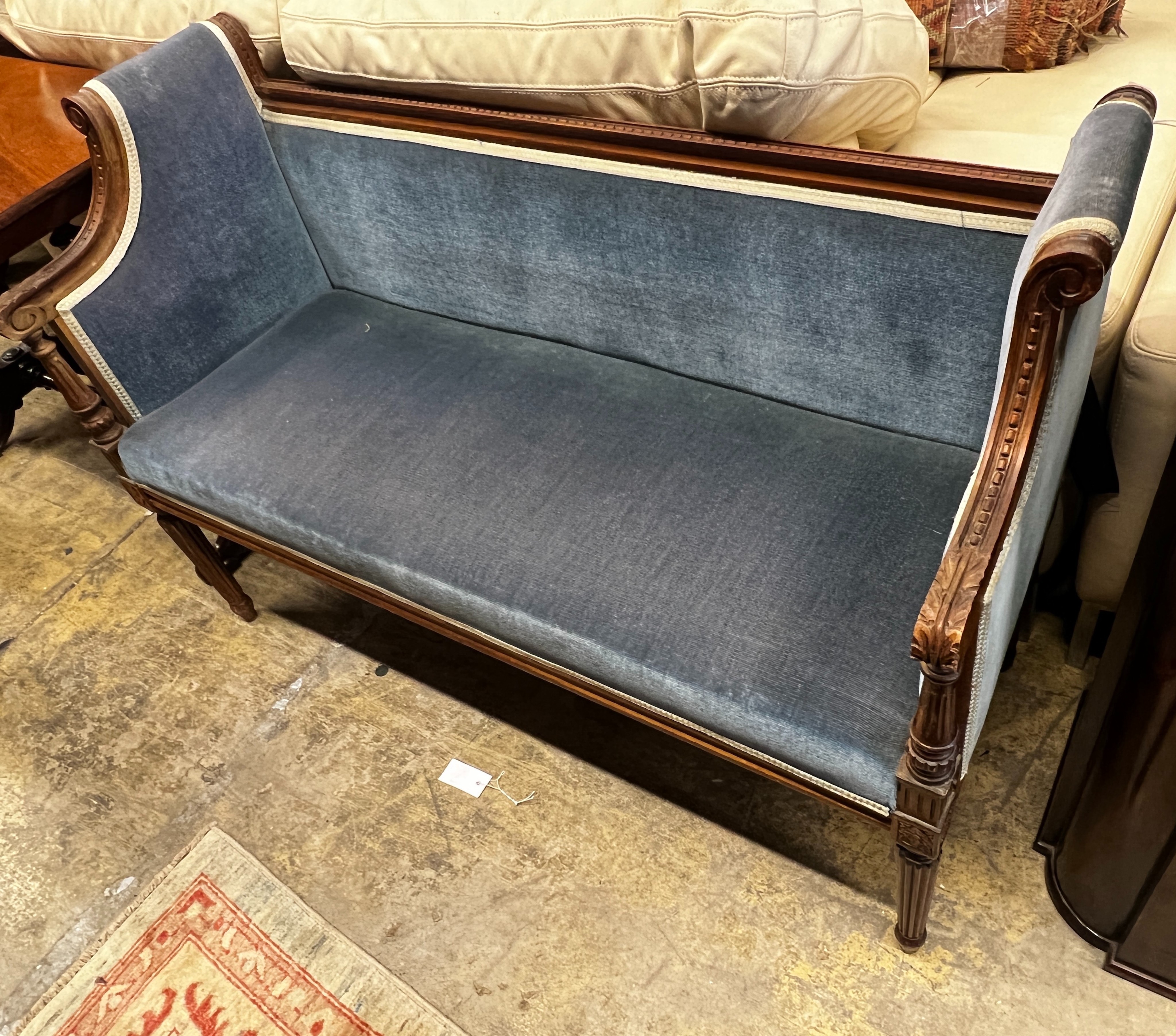 A late 19th century French upholstered carved beech settee, length 120cm, width 47cm, height 79cm